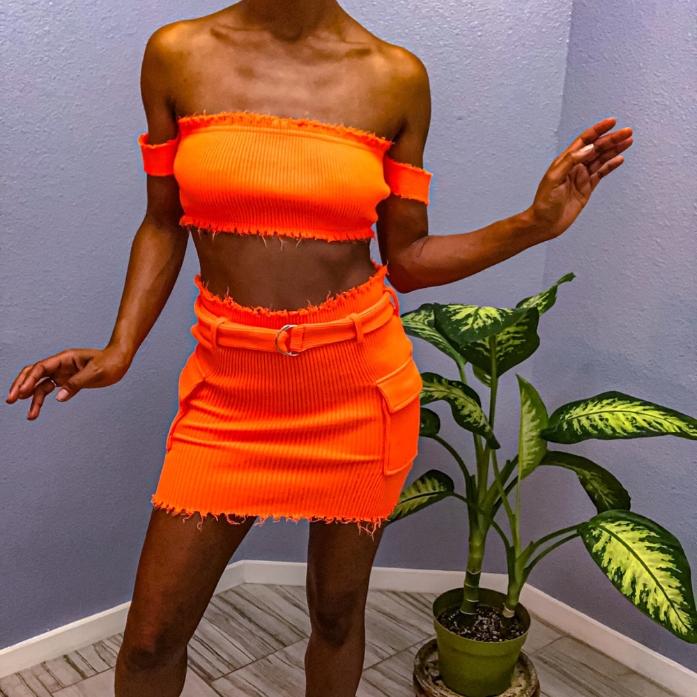 Neon Orange Belted Two Piece Skirt Set w/pockets